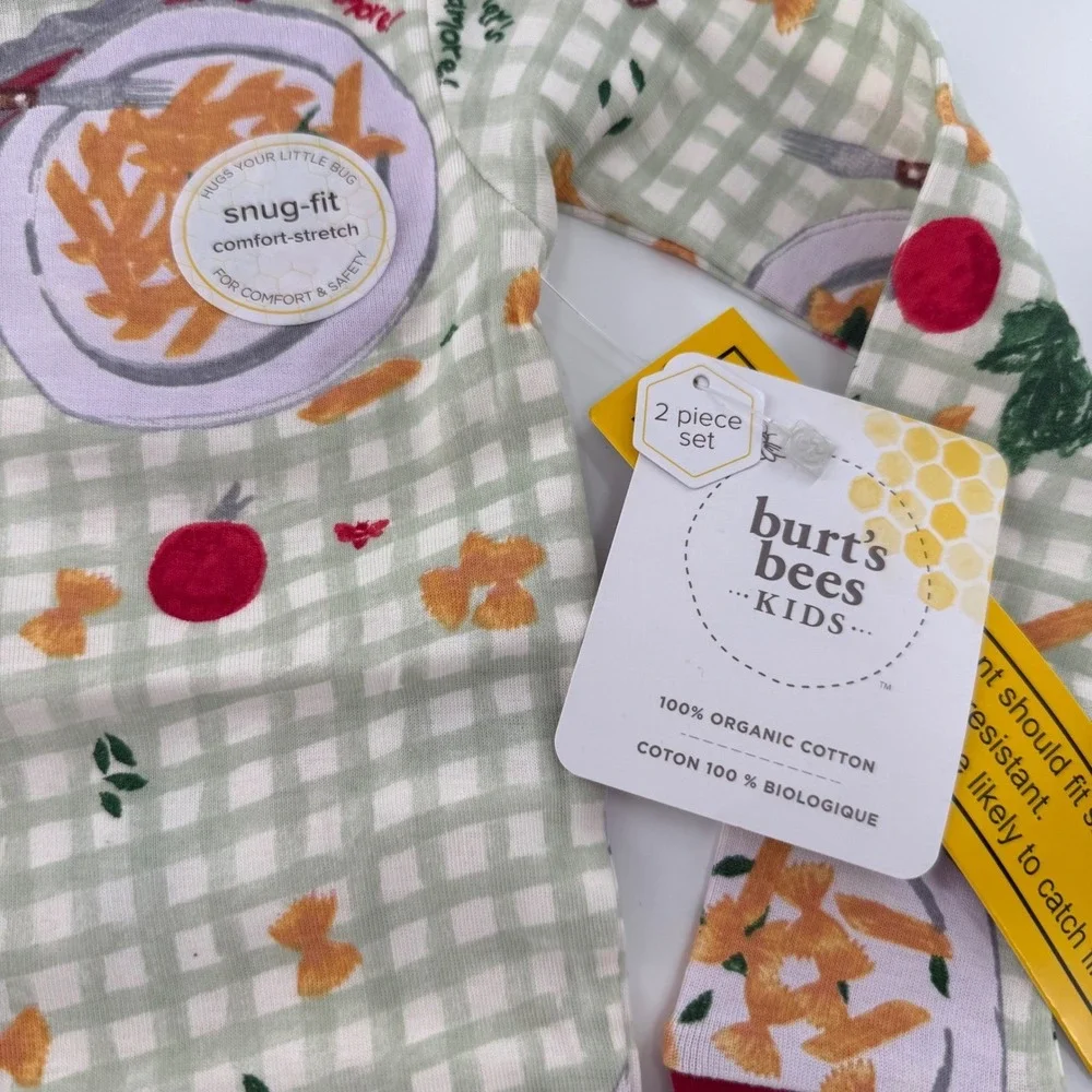 Burt's Bees Kids Pasta Gingham Organic Cotton Pajama Set 4T That's Amore NWT